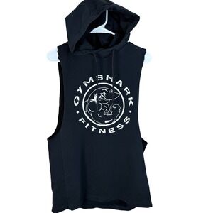 Gymshark Fitness Mens Black Sleeveless Muscle Hoodie Shark Graphic GMPO3213 M